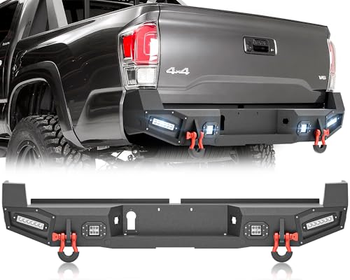 YZONA for Tacoma Full Width Pickup Truck Rear Bumper Compatible with 2016 2017 2018 2019 2020 2021 2022 2023 Toyota Tacoma 3rd Gen with 4 x 18W LED Lights, Paintable Armor & D-rings, Sensor Holes