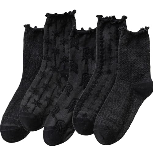 Image of Starella Womens Cute Floral Ruffle Frilly Socks Cotton Goth Preppy Dress Sock for Mary Janes 5 Pairs