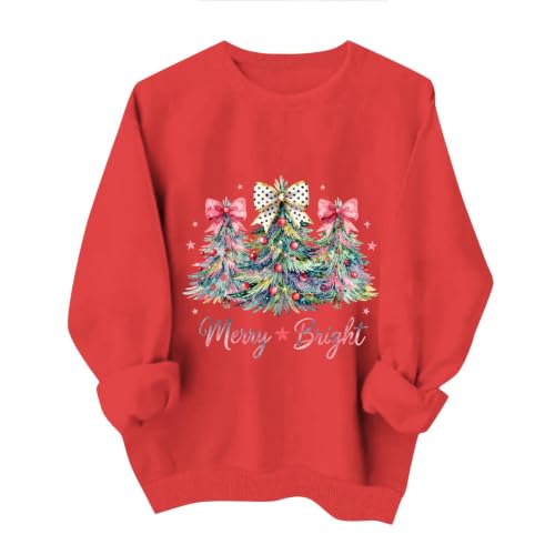 Womens Christmas Sweatshirt Christmas Tree Graphic Xmas Sweater Tops - image 5