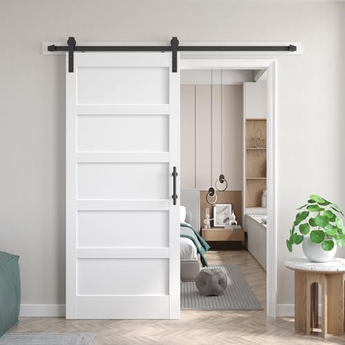 Image of 36inx80in White Barn Door and 6.6FT Sliding Barn Door Hardware Kit Included,Solid,MDF, PVC Surface,DIY Assembly,5-Panel,Fit 33in-34in Opening