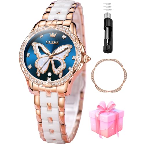 OLEVS Watches for Women Rose Gold Two Tone Fashion White Ceramic Ladies Wrist Watches Pink/Red Dial Stainless Steel Waterproof Date, two tone strap with blue dial, Modern