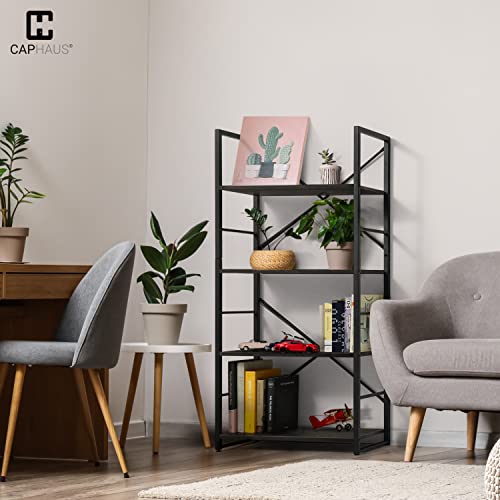 Image of CAPHAUS 4 Tier Bookshelf, 24 Inch Width Free Standing Shelf, Bookcase Shelf Storage Organizer, Industrial Book Shelves for Home Office, Living Room, Kitchen, Black Vintage Shelves & Metal Frame