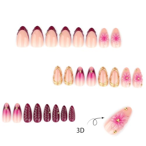 Image of Secret Lives Almond Press-On Nails - 3D Pink, Purple & Cream Dimensional Flower Artificial Nail Art, 24-Piece Set with Kit