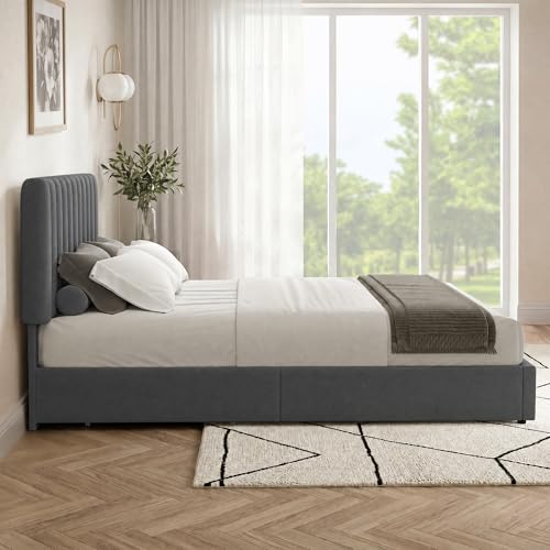 Image of VECELO Full Size Upholstered Bed Frame with 4 Drawers and Headboard, Velvet Platform Storage Bedframe, Wooden Slats Support, No Box Spring Needed,Dark Grey