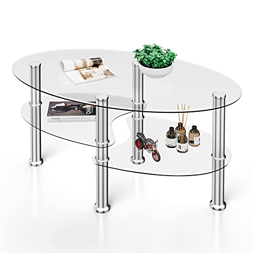 GIANTEX Table basse ovale en verre avec structure en métal - Table de salon avec 3 étages - Verre trempé transparent