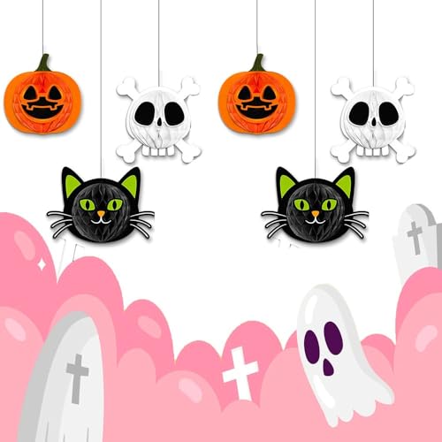 Image of Pop The Party Halloween Hanging Ornaments - 3D Pumpkin, Black Cat & Skull Decorations | Party Supplies for Home, Classroom, Office, Haunted House Decor (3 PCS)