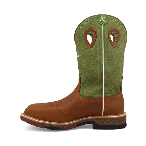 Image of Twisted X Men's 12 inch Western Work Boot, Square Toe Nano Toe with CellStretch, Caramel Cafe & Green, 14 D