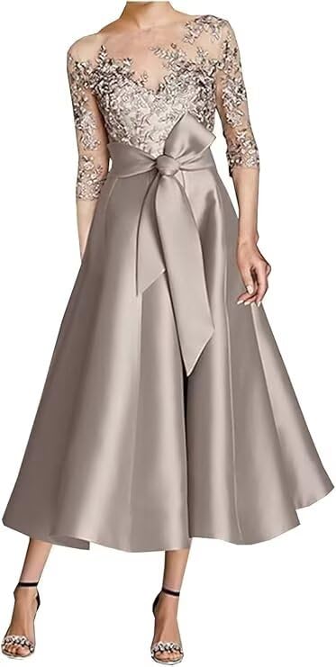 Satin Tea Length Mother of The Bride Dresses for Wedding 3/4 Sleeve Lace Applique Mother of The Groom Dresses for Women4