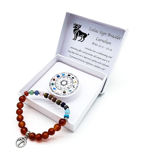 Pulsera con signo zodiacal, en una bonita caja de regalo, protección de la suerte, amor, 18 cm, Piedra