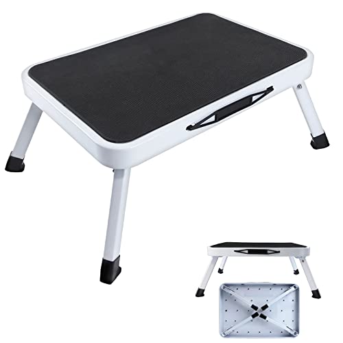 Taburete plegable, escalera de acero resistente para niños y adultos, escalera de un solo paso con alfombrilla de goma antideslizante, taburete de acero ligero para cocina, jardín, baño, capacidad de