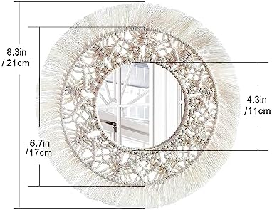 Nice Dream Wiszące lustro ścienne z makramą, frędzle, 2 szt., boho, okrągłe, antyczne, splotowe, dekoracja ścienna, dekoracja domu, ozdoba, rękodzieło, prezent