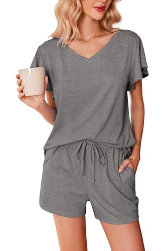 Ekouaer Sleepwear for Women Cute Ruffle Short Sleeve Pajamas V Neck Comfy 2 Piece Pjs Lounge Sets Dark Gray Medium