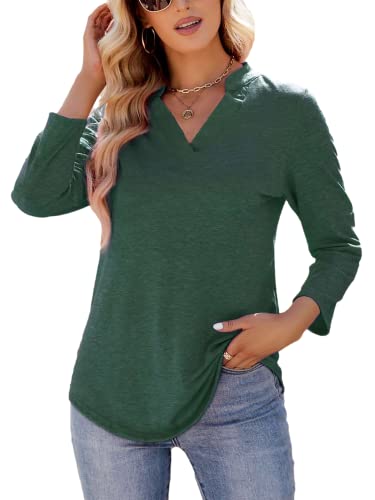 ReonGtzo Women's 3/4 Sleeve V Neck Tops Casual Tunic Blouse Loose Shirt Green