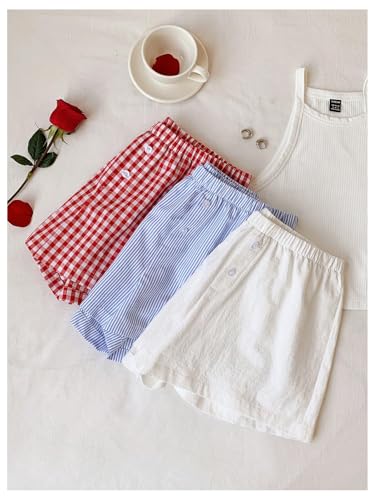 Image of MakeMeChic Women's 3 Pack Linen Shorts Gingham Striped Beach Shorts | Summer, Plaid, Cover Up Shorts
