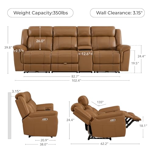 Image of CHITA Leather Power Recliner Sofa Wall Hugger, Saddle, 3-Seat with Console