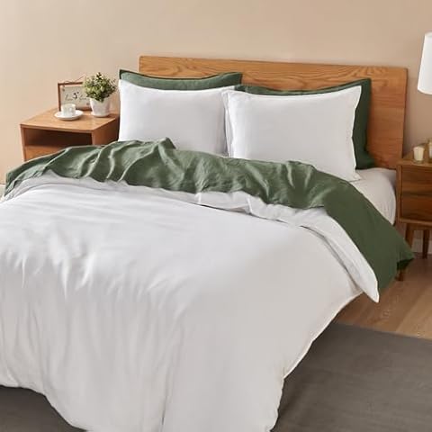 DAPU Pure Linen Bedding Bundle White&Olive in King Size Cover