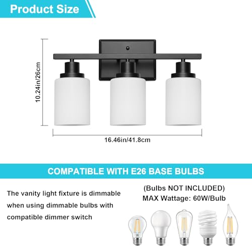 Image of Ascher Bathroom Light Fixtures, 3-Light Vanity Light Over Mirror, Modern Matte Black Wall Sconces with Milky White Shades, Wall Lamp for Kitchen Hallway Cabinet Porch E26 Base