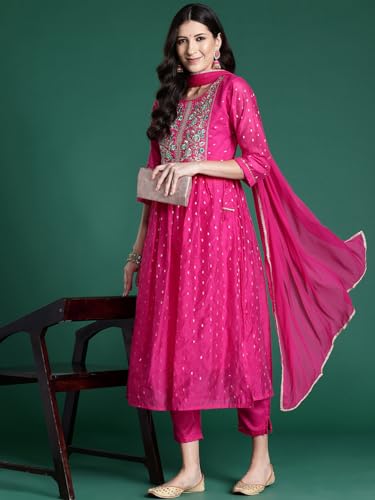 Image of INDO ERA Women's Chanderi Silk Embroidered A-Line Kurta Pant With Dupatta Set