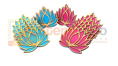 Set of 12 Golden Frame Lotus Flower Wooden Cutout. 6 with Rose Pink Base. 6 with Ocean Blue Base. Festive DIY Craft Material Kit. Decoration for Diwali, Dashera, Rangoli,Pooja, Wedding