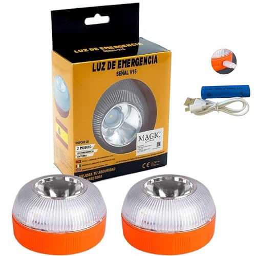 MAGIC SELECT 2X Luz de Emergencia V16 para Señalización en Carretera de Coche y Moto. Luz Intermitente y Fija con Encendido Automático, Base Imantada, Batería Recargable.
