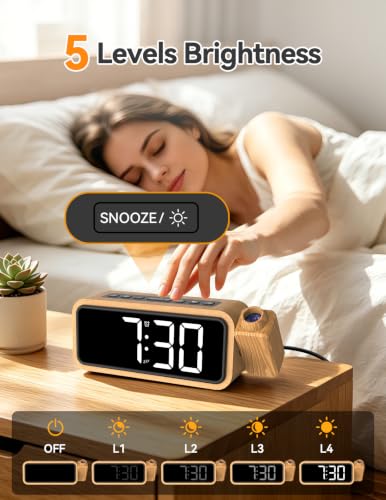 Netzu Wooden Projection Alarm Clock, Loud Digital Plug-in Clock with 180° Rotatable Projector, 5 Volumes, 12 Ringtones, Snooze for Bedroom Ceiling Wood Decor - Image 5