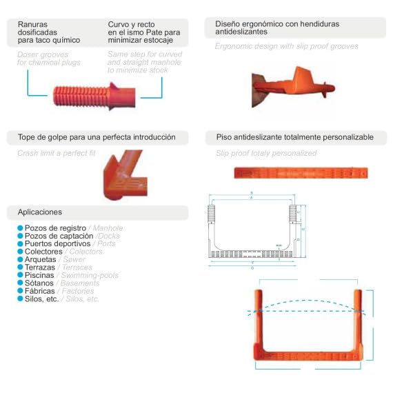 Escalones/Peldaños pates para pozos, silos, arquetas 330mm de polipropileno PATE SUGAR 330CR