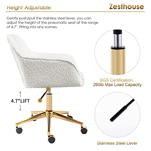 Zesthouse Boucle Home Office Chair Modern Desk Chair With Wheels, White Vanity Chair For Girls Women, Upholstered Swivel Armchair For Bedroom, Height Adjustable Computer Task Chair, Gold Base #TOP3