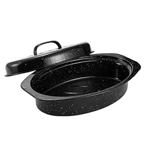 Granite Roasting Pan, Small 13” Enameled Roasting Pan with Domed Lid. Oval Turkey Roaster Pot, Broiler Pan Great for Small Chicken, Lamb, Vegetable. Dishwasher Safe Cookware Fit for 7Lb Bird