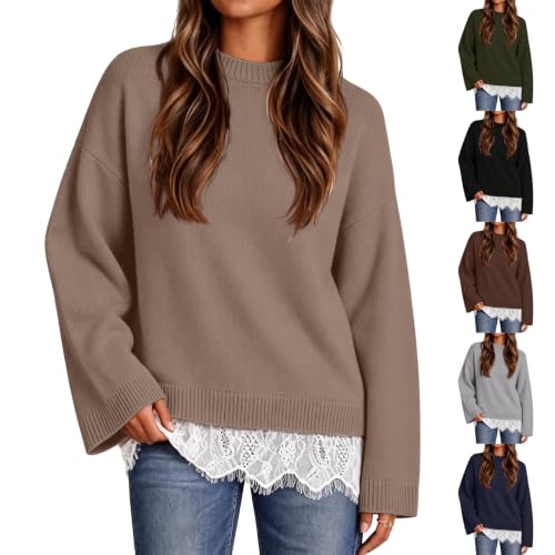 Womens Fall Sweaters Crew Neck Lace Hem Patchwork Stretch Knit Sweaters - image 1