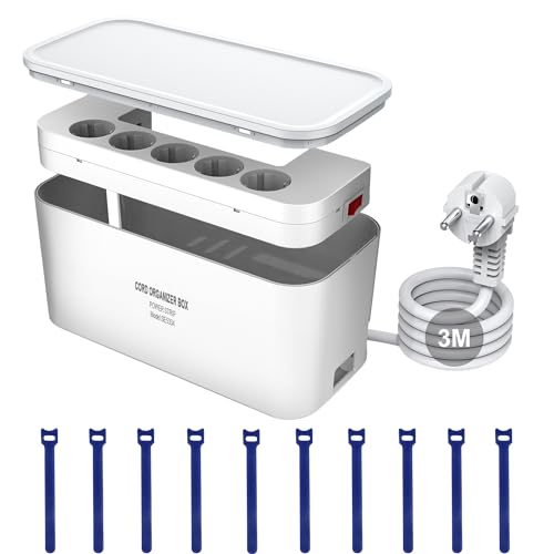 Kabelbox mit Steckdosenleiste USB,5Fach Mehrfachsteckdose Überspannungsschutz mit Schalter und 3USB Ladeanschlüsse, Kabelbox WeiB Schreibtisch mit Steckdosenadapter,29.5 * 14 * 14CM, 3M Kabel