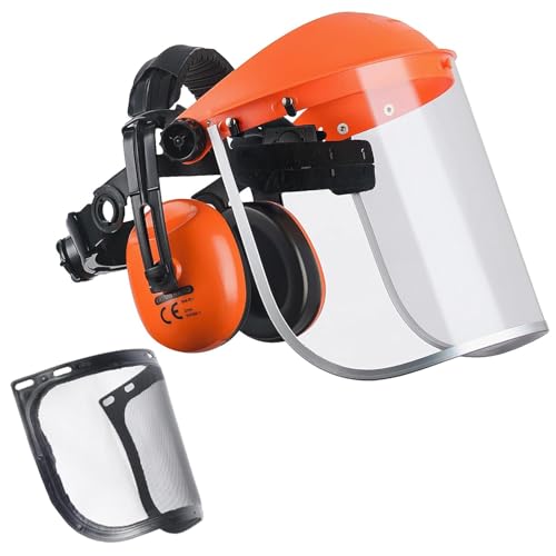 GUARDLEAD Chainsaw Visor, Shield and Ear Muffs 2 in 1 Headgear Combination, Flip up shield Comes with 2 Visor (Mesh & Clear)