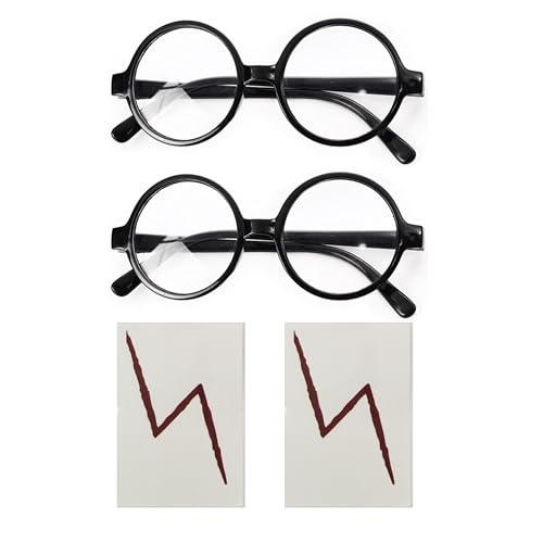 VIGUEUR 2PCS Round Wizard Glasses and 2PCS Lightning Bolt Tattoos Wizard Costume Plastic Glasses For Dress Up