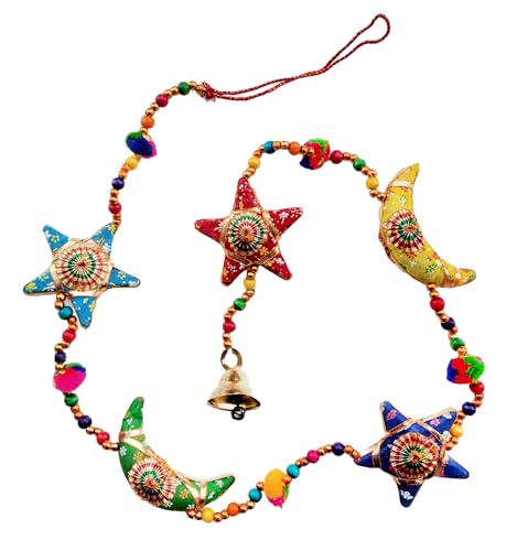 Rastogi Handicrafts Star Bell and Half Moon Hanging Home Christmas Ramadan Gifts Hanging Party Decorative Ornaments Multi Colored Indian Traditional (Half-Moon-Star-Layer)
