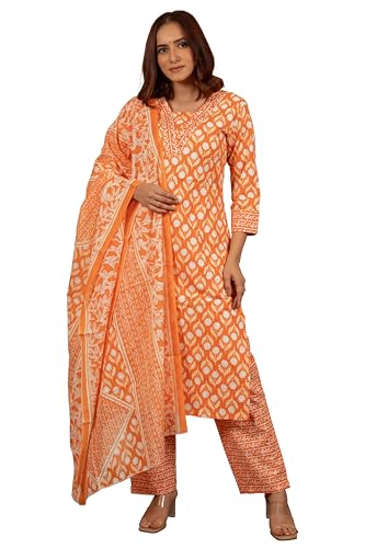 Image of MIRCHI FASHION Pure Cotton Women Straight Print & Thread Embroidery Kurti Set with Dupatta & Pant