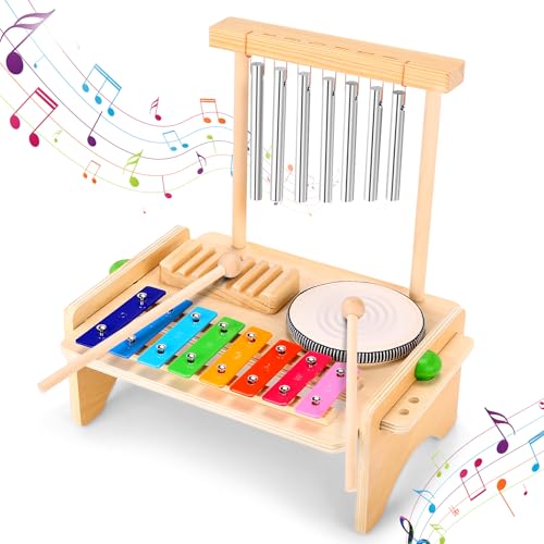 Mduvoz Kids Drum Set for Toddlers, Baby Montessori Musical Instruments Toys, Toddler Wooden Xylophone Musical Toys Birthday for Children Boys and Girls