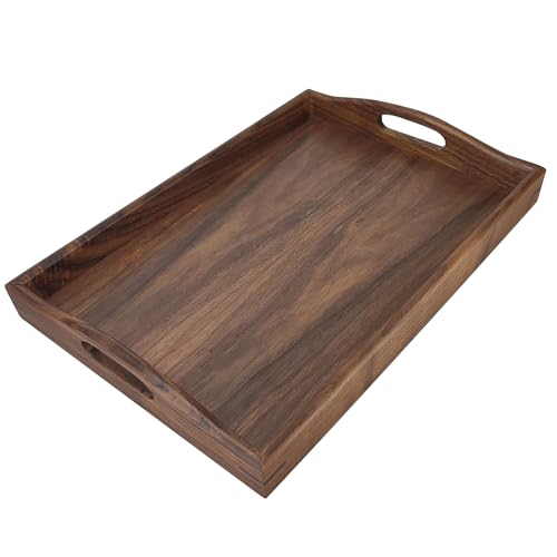 YIFAN Bandeja de otomana de madeira de nogueira preta de 35 x 25 cm com alças, bandeja quadrada de servir para decoração de casa, mesa de sofá para festa, bandejas de café da manhã para cama sem