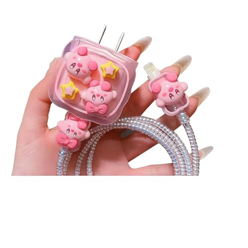 Image of Dezet for iPhone Charger 18-20W Cute Cartoon Charging Cable Protector Set for iPhone Fast Charging USB Cable with Protective Silicone Cover & Organizer Clip Stylish Design (KIRBY PINK 10)