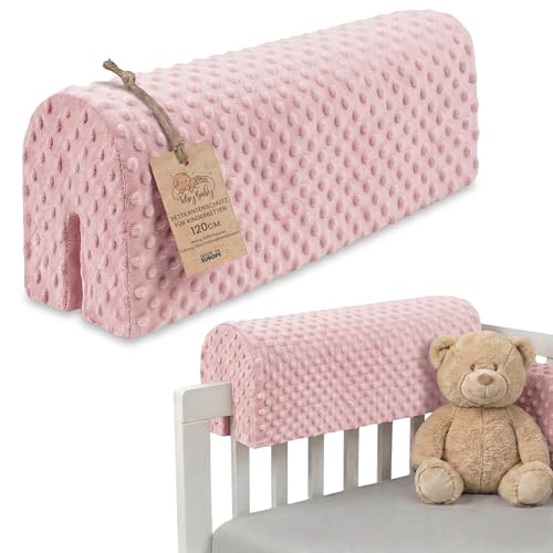 Totsy Baby Chichoneras Cuna Parachoques cunas Bebe 120 cm - Protector Anti caida y Golpe Espuma de Barrera Seguridad niños y niñas para Cama Protection de Valla y Borde Infantil Minky Oeko-Tex Rosado
