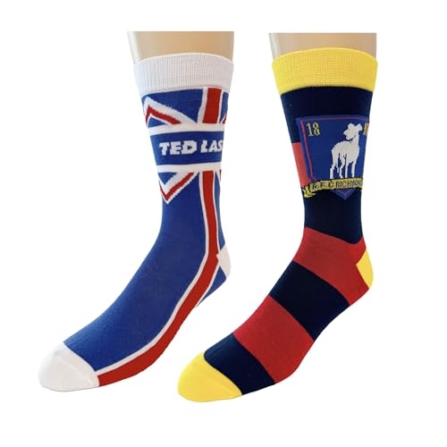 Warner Bros Ted Lasso 2 pack Men's Dress Crew Socks. 2 pair - AFC Richmond Logo Emblem & Ted Lasso Union Jack Flag - Men Sock Size 10-13 (TG11983)