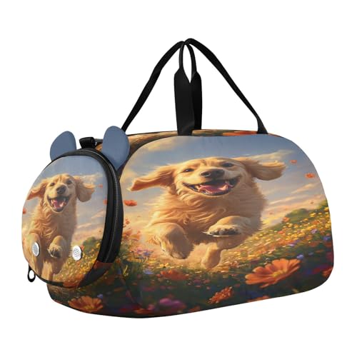 Retriever Flower Field Golden Kids Travel Duffel Bag for Boys Girls Overnight Weekend Tote Bag with Shoes Compartment for Beach Swim Trip