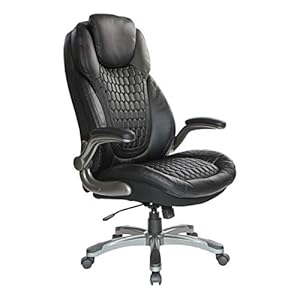 Office Star ECH Series Deluxe Executive High Back Bonded Leather Chair with Adjustable Seat and Padded Flip Arms, Black with Titanium Nylon Base