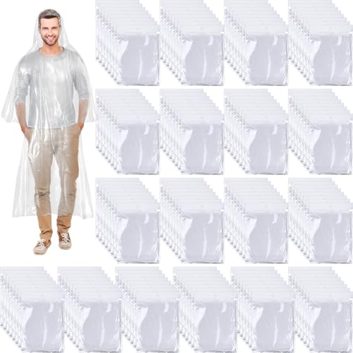 Handepo 200 Pack of Adult Rain Ponchos with Hood, Disposable Rain Ponchos, Plastic Emergency Raincoat Poncho, Traveling Hiking Outdoors Activities(White)