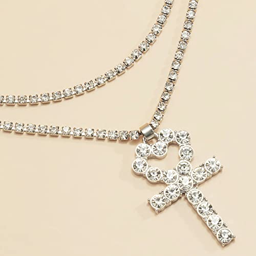 Collier double couche serti de strass cubiques de zirconium avec croix rétro - 2