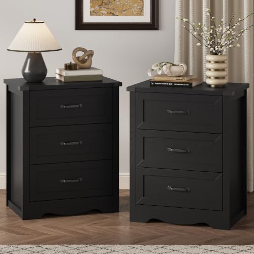 Image of Xixini Nightstand Set of 2 with 3 Storage Drawers, Tall Side Table, Black