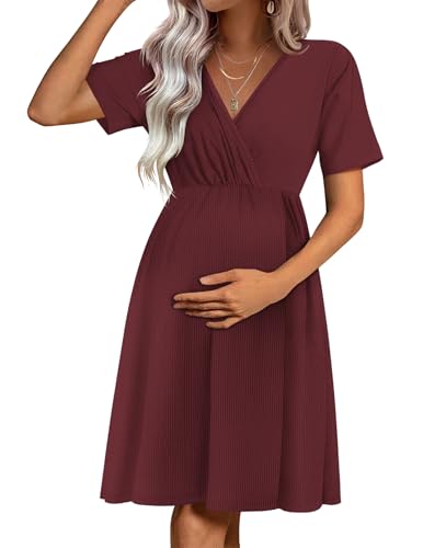 Image of Ekouaer Maternity Nursing Dress V Neck Short Sleeve Breastfeeding Dresses Ribbed Knit Pregnancy Clothes S-XXL