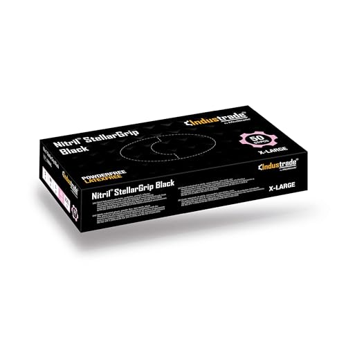Nitril-Industriehandschuhe – Diamantstruktur für besseren Griff, unsteril, hypoallergen, beidhändig bedienbar, für mehrere Bereiche, Einweg, Großpackung, 6,5 g Dicke (XL) (schwarz) (50) – Industrade