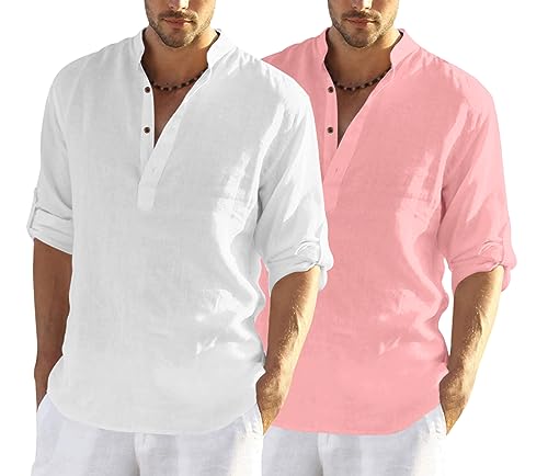 Image of FINIVO FASHION Men's Cotton Blend Solid Full Sleeve Combo Short Kurta Shirt, Regular Fit Solid Pattern Mandarin Collar Straight Kurta Shirt