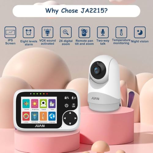 Image of JUAN Video Baby Monitor with Camera and Audio, 3.2 inch LCD Screen, Remote Camera with Panoramic Zoom, 2-Way Talk, Night Vision, Temperature Monitor, VOX Mode, 8 Lullabies and 1000 Feet Long Range, Plug