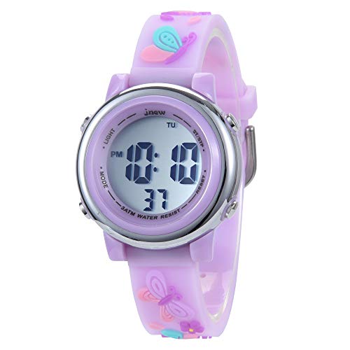 New Butterfly Kids Watches 3D Cartoon Silicone Waterproof 7 LED Color Lights Toddler Digital Wrist Watch with Alarm Stopwatch for 3-10 Year Girls Little Child (Light Purple)2