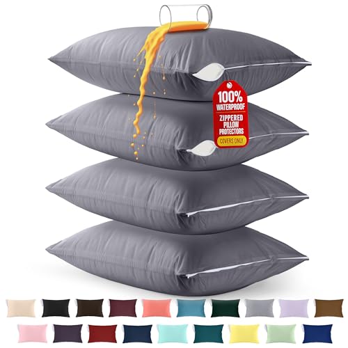 Image of Utopia Bedding Premium 100% Waterproof Pillow Protectors with Zipper Queen Size (Set of 4), Bed Bug and Dust Mite Proof Zippered Pillow Covers, Pillow Encasement Cases, Gray